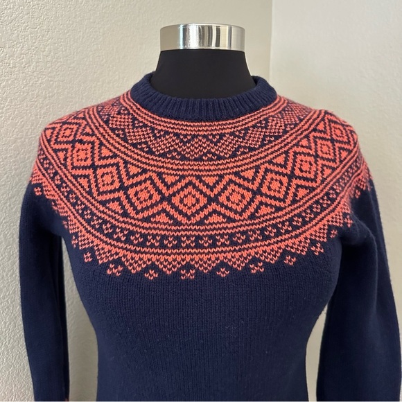 J. Crew Fair Isle Nordic Ruffle Sleeve Orange Navy Merino Wool Sweater Size XS - Picture 4 of 12